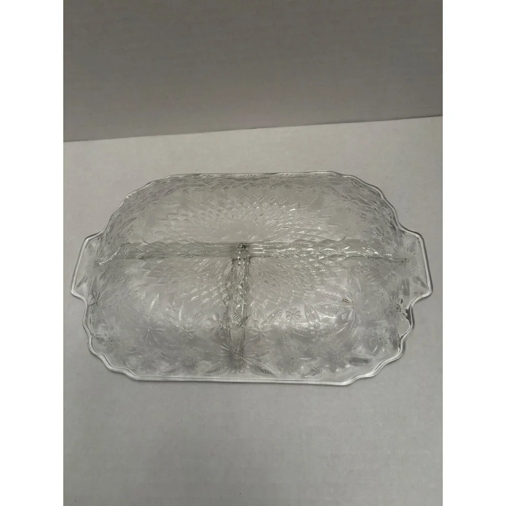 Vintage Clear Pressed Glass Divided Relish Dish Floral‎ Sunburst 3 Compartment